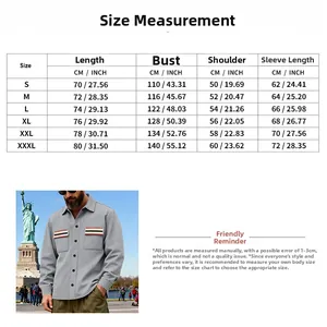 Detailed size chart for the men's thickened lapel work jacket in CM and inches.
