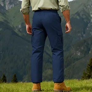 Back view of navy blue men's quick-dry hiking cargo pants in an outdoor mountain setting