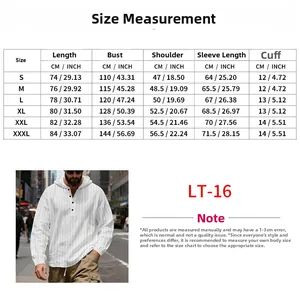 Detailed size chart for men's white striped linen hoodie including length and bust dimensions