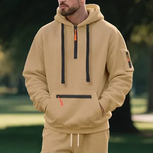 Sweat à capuche en polaire beige pour hommes avec détails de fermeture orange