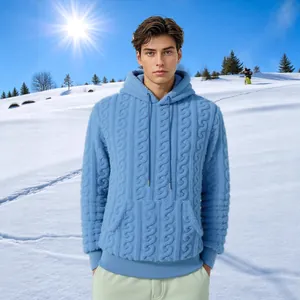 Stylish men's warm blue cable knit fleece hoodie with a front pocket for winter