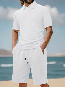 Detailed close-up of men's summer jacquard two-piece set in white textured fabric
