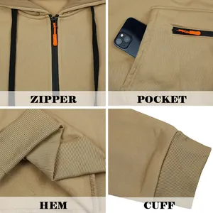 Vue détaillée d'un sweat à capuche kaki pour homme avec fermeture et poches