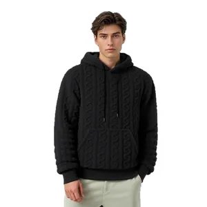 Men's black cable-knit fleece hoodie with kangaroo pocket and drawstring hood