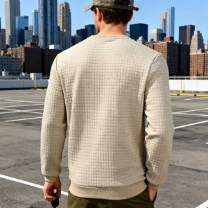 Rückansicht eines beigen Herren-Langarm-Sweatshirts mit strukturiertem Karomuster