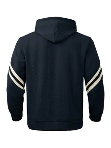 Back view of navy heavyweight jacquard hoodie for men showing sleeve stripe detail