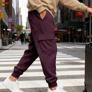 Vista laterale dei pantaloni cargo viola jacquard da uomo con polsini in stile urbano
