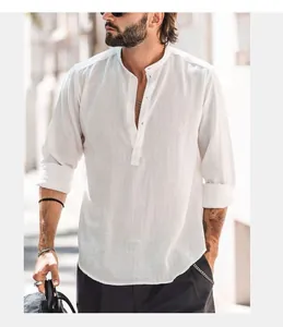 Detail view of men's white slub linen Henley shirt with stand collar and rolled sleeves