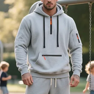Sweat à capuche gris pour homme avec détails de fermeture éclair orange sport chic