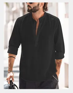 Detailed shot of black Henley slub cotton linen long sleeve shirt for men