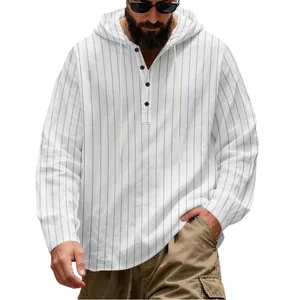 Detail view of men's striped linen hooded shirt with front buttons and comfortable fit