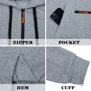 Détails du sweat à capuche gris avec fermeture éclair, poche, ourlet et poignet