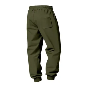 Professional back view of heavy olive green joggers with pocket and ribbed cuffs