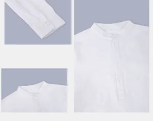Detailed close-ups of white linen Henley shirt featuring mandarin collar and button cuffs