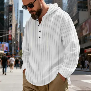 Men's vertical striped linen pullover hoodie with button-down detail in street scene