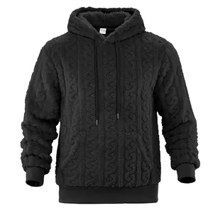 Sweat à capuche en polaire jacquard pour hommes avec poche kangourou en noir uni.
