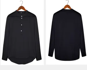 Front and back detail view of a black slub cotton linen stand collar Henley shirt.