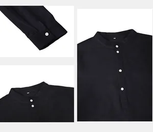 Macro view of stitching and white buttons on black stand collar Henley shirt
