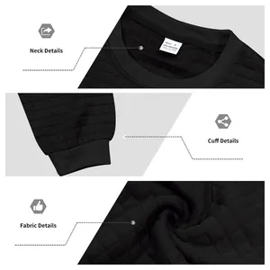 Nahaufnahme der schwarzen Jacquard-Karo-Stofftextur und Manschettendetails am Sweatshirt
