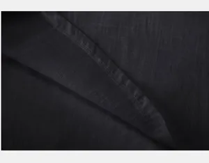 Close-up of high-quality stitching and slub linen fabric on black henley shirt