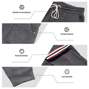 Detailansicht der grauen Jogginghose mit Bund, Taschen und gerippten Bündchen.