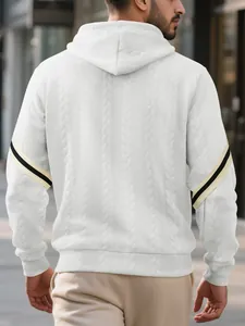 Detailed back view of a white heavy jacquard textured men's hoodie with sleeve stripes.