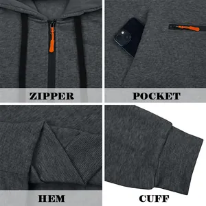 Détails d'un sweat à capuche polaire pour homme : fermeture éclair, poche, ourlet et poignets