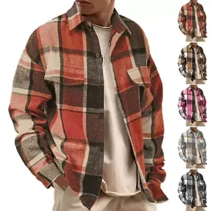 Giacca camicia in flanella scozzese americana ampia da uomo con doppie tasche
