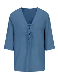 Close-up detail of a blue men's breathable cotton linen V-neck shirt with lace-up