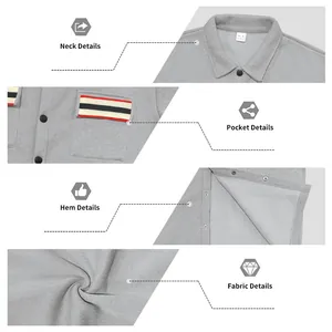 Vue détaillée de la veste de travail grise pour homme: revers, poches, ourlet et texture