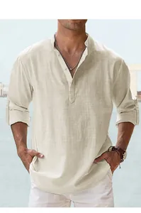 Men's casual beige Henley shirt in breathable cotton fabric with rolled-up sleeves