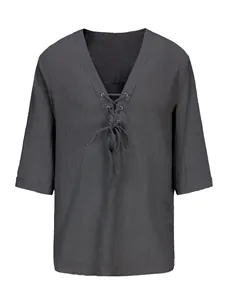 Close-up detail of grey cotton linen V-neck lace-up tunic featuring textured fabric