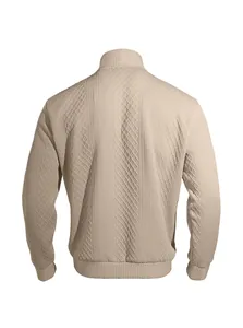 Detailed back view of men's beige stand-up collar sweatshirt with heavy jacquard texture