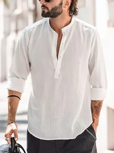 Men's Casual Long Sleeve Henley Shirt Stand Collar Solid Color Cotton Slub Texture Pullover Top Fashion Male Shirts