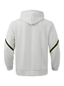 Back view of a premium men's heavy cable-knit hooded sweatshirt with striped sleeves