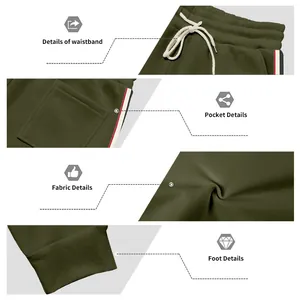 Primo piano dei dettagli dei pantaloni sportivi oliva: vita, tasche, tessuto e polsini fondo.