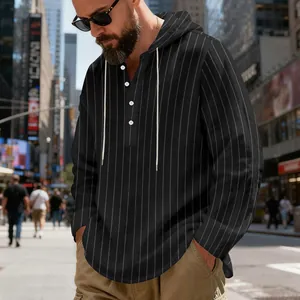 Detailed view showing the texture and button neck of men's pinstripe linen hoodie