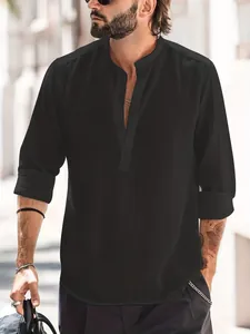 Men's casual black Henley shirt with stand collar and premium slub cotton linen texture
