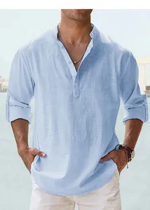 Stylish men's casual long-sleeve henley shirt in light blue cotton linen fabric for summer