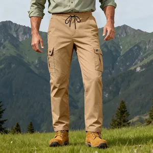 Outdoor khaki cargo pants for men with elastic drawstring waist and side pockets for hiking