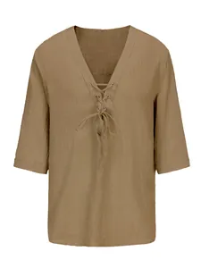 Men's V-neck lace-up shirt with breathable linen-textured fabric and mid-length sleeves.
