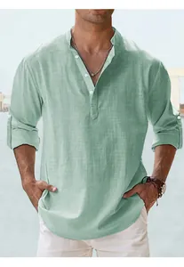 Close-up of men's sage green cotton Henley shirt with buttoned half-placket detail