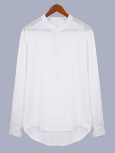 Men's solid white long-sleeve Henley shirt featuring cotton linen texture and stand collar