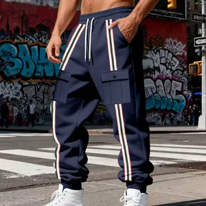 Pantaloni cargo blu navy da uomo con fodera in pile e dettagli a righe verticali
