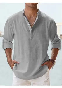 Men's casual grey cotton long-sleeve Henley shirt with retro half-button placket design