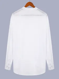 Back view of a white long-sleeve Henley shirt for men with a stand collar and slub texture