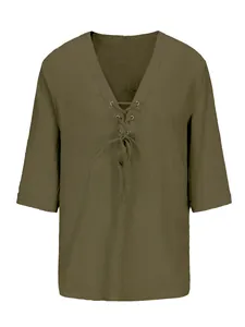 Close-up of men's olive green lace-up V-neck shirt in breathable linen fabric