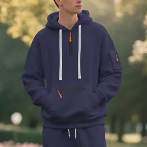 Sweat à capuche en polaire bleu marine pour hommes avec zips orange et poche de manche