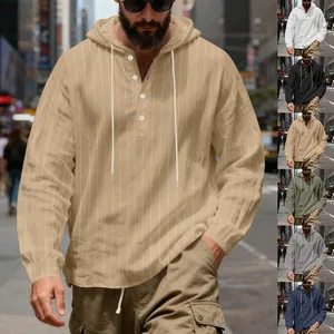 Men's striped linen hooded shirt with Henley buttons and long sleeves in multiple colors.