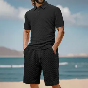 Men's summer jacquard two-piece leisure set with black short sleeve polo and shorts.